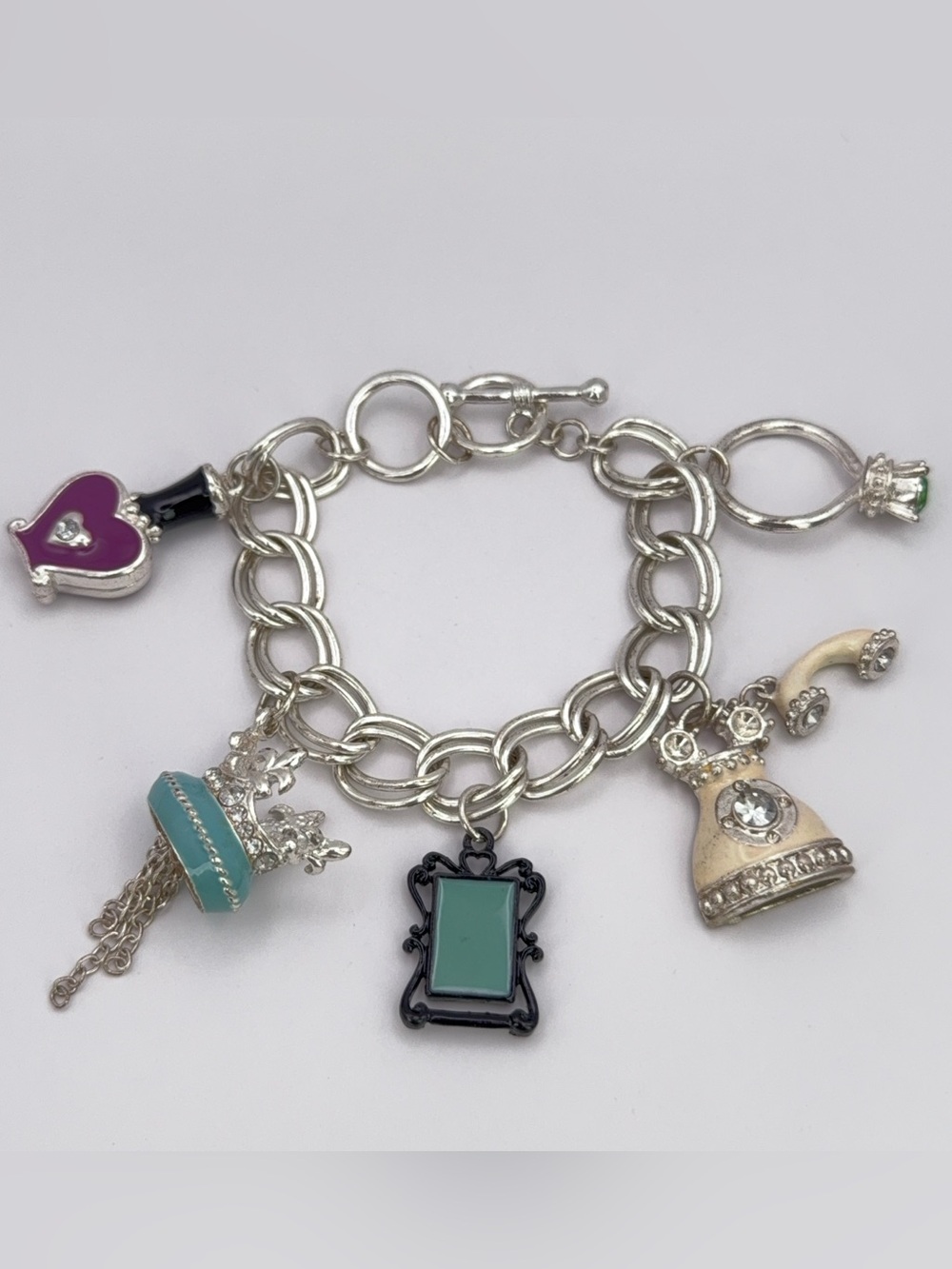 Vintage Silver-tone Double Link 5 Charm Bracelet 👑🪞💍